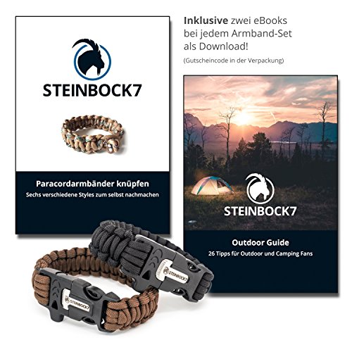 Steinbock7 Juego de 2 pulseras de supervivencia, color negro y marrón, paracord + silbato, pedernal + cuchillo, instrucciones para trenzar