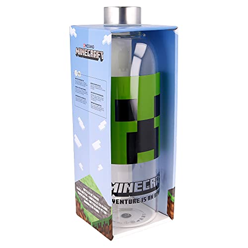 Stor Minecraft | Botella De Agua De Cristal De Borosilicato Reutilizable - 1030 ml - Botella De Agua De Vidrio con Tapón Hermético