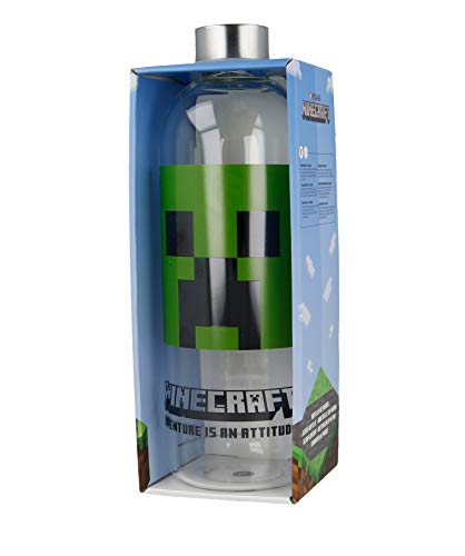 Stor Minecraft | Botella De Agua De Cristal De Borosilicato Reutilizable - 1030 ml - Botella De Agua De Vidrio con Tapón Hermético