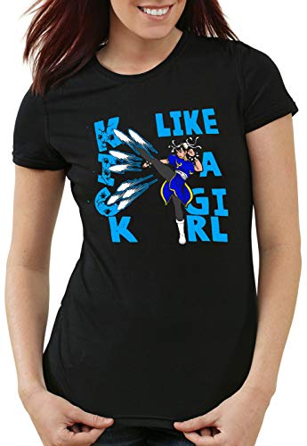 style3 Kick Like a Girl Camiseta para Mujer T-Shirt Final SNES ps3 ps4 ps5 Street Beat em up Arcade, Talla:S