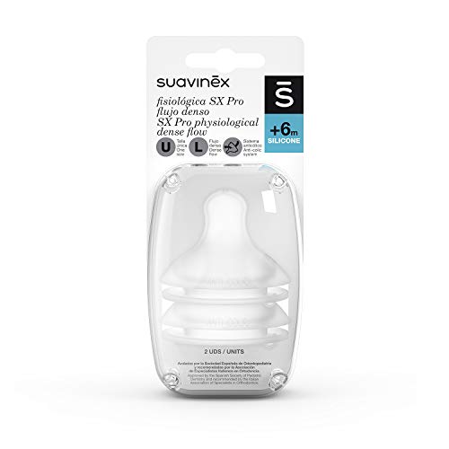Suavinex, Nuevo Pack 2 Tetinas Fisiológicas SX Pro de Silicona. Flujo Denso Para Papillas. Tetina +6 Meses. Con Sistema Anticólico, 2 Unidades