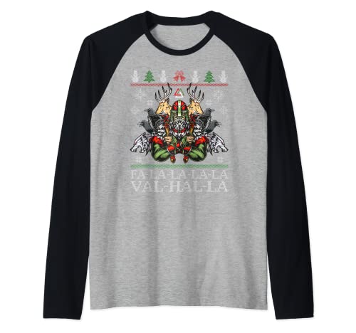 Suéter de Navidad vikingo, un suéter de Navidad Valhalla Camiseta Manga Raglan