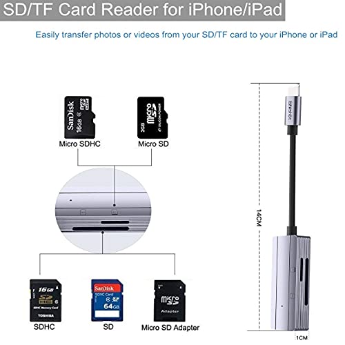 sunshot Lector de Tarjetas sunshot SD / TF para iPhone o iPad, Adaptador de Lector de Tarjetas de Memoria portátil, Compatible con Tarjetas SD y TF, Plug and Play, no se Requiere aplicación