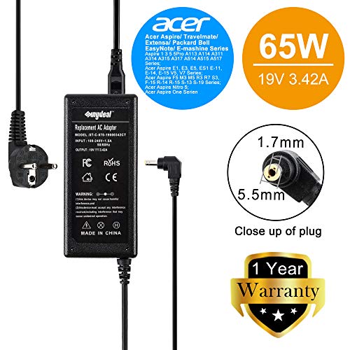 Sunydeal - Cargador Adaptador 65W para Ordenador Portátil ACER, 19V 3.42A, 5.5x1.7mm , Compatible con Acer Aspire/Travelmate/Extensa