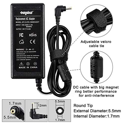 Sunydeal - Cargador Adaptador 65W para Ordenador Portátil ACER, 19V 3.42A, 5.5x1.7mm , Compatible con Acer Aspire/Travelmate/Extensa