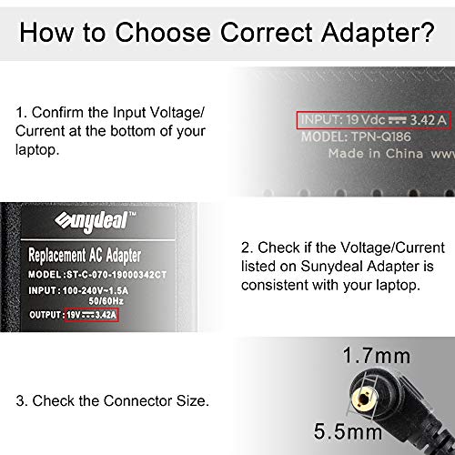 Sunydeal - Cargador Adaptador 65W para Ordenador Portátil ACER, 19V 3.42A, 5.5x1.7mm , Compatible con Acer Aspire/Travelmate/Extensa