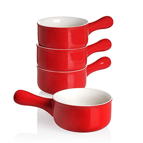 Sweese 109.104 - Juego de 4 cuencos de sopa de cebolla de porcelana con asas, para sopa, cereales, guisos, chile, juego de 4 unidades, color rojo