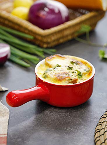 Sweese 109.104 - Juego de 4 cuencos de sopa de cebolla de porcelana con asas, para sopa, cereales, guisos, chile, juego de 4 unidades, color rojo