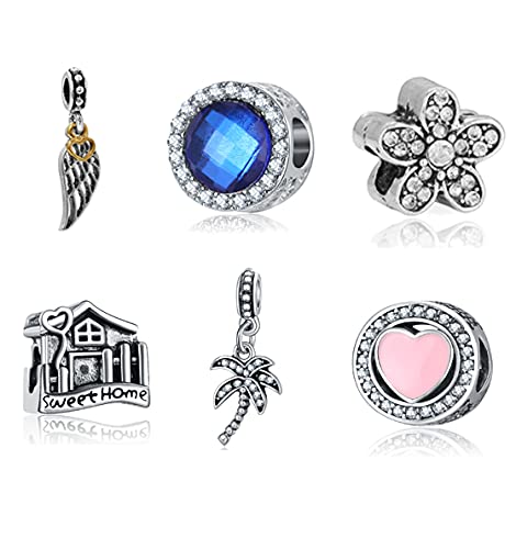 Sweet Home Daisy Flower Charms para pulsera Angel Wings Heart Bead Charms para Pandora Birthday Charm, 6 piezas