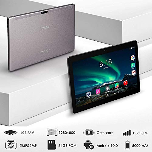 Tablet 10 Pulgadas 8 Core - TOSCiDO Android 10.0 Certificado por Google GMS 4G LTE Tablets,4GB de RAM y 64 GB,Dobles SIM, GPS,WiFi,Teclado Bluetooth，Ratón，Funda para Tableta y Más Incluidos - Gray
