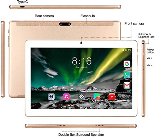 Tablet 10 Pulgadas 8 Core - TOSCiDO Android 10.0 Certificado por Google GMS 4G LTE Tablets,4GB de RAM y 64 GB,Dobles SIM, GPS,WiFi,Teclado Bluetooth，Ratón，Funda para Tableta y Más Incluidos - Gold