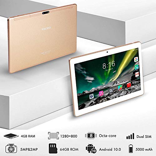 Tablet 10 Pulgadas 8 Core - TOSCiDO Android 10.0 Certificado por Google GMS 4G LTE Tablets,4GB de RAM y 64 GB,Dobles SIM, GPS,WiFi,Teclado Bluetooth，Ratón，Funda para Tableta y Más Incluidos - Gold