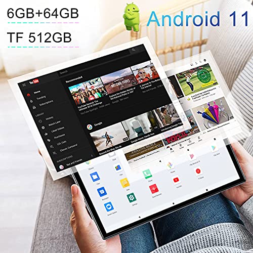 Tablet 10 Pulgadas Android 11 Octa Core 6GB RAM 64GB/512GB ROM 1920 * 1200 FHD Tablet PC 4G LTE+5G WiFi Tablet Baratas y Buenas 7000mAh Cámara 5+8MP Bluetooth,GPS,Type-C,Google Play,Netflix,Plata