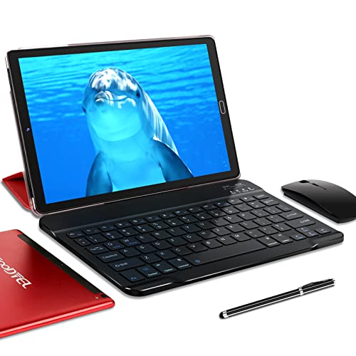 Tablet 10 Pulgadas GOODTEL Android 10 Tablets con 4GB RAM y 64GB ROM, WiFi, 2.5D IPS, Bluetooth, FM, Expansión de 128GB, Cámara Dual 5MP+8MP, con Funda, Teclado y Ratón - Rojo