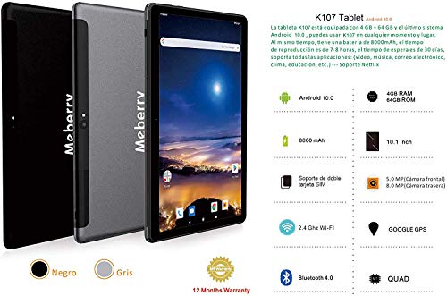 Tablet 10 Pulgadas WI-FI+Cellular 4GB RAM + 64GB ROM Android 10.0 MEBERRY Tablets, 128GB Ampliable | Google GMS | Dual SIM + Doble Cámara (5MP +8MP) | 8000mAh | Bluetooth | GPS - Gris
