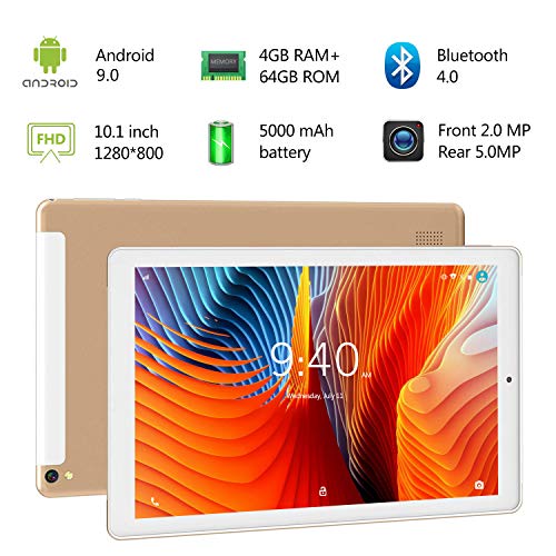 Tablet 10 Pulgadas YOTOPT, 4GB de RAM y 64 GB de Memoria 4G LTE Tableta Android 9.0 Certificado por Google GMS Dobles SIM y TF, GPS WiFi Soporte (Oro)