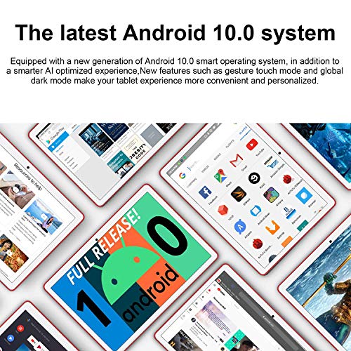 Tablet 10.1 Pulgadas Android 10.0 | Tableta 5G WiFi Ultrar-Rápido Quad-Core 1.6GHz 4GB RAM + 64GB ROM | Pantalla HD IPS | Cámara Dual | Bluetooth | MicroSD 128GB Type-C Google GMS (Red)
