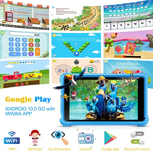 Tablet qunyiCO Android 10.0 GO, para niños, 7 Pulgadas 32GB Cámara WiFi 2GB RAM Pantalla táctil HD 1024 * 600 Funda a Prueba de niños Control Parental Aprendizaje Google Certified Playstore (Azul)