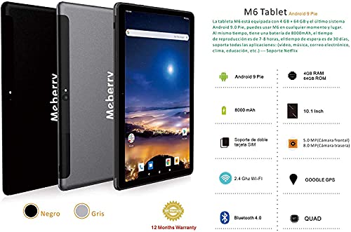 Tableta 10 Pulgadas MEBERRY Cellular y WiFi 4GB RAM+64GB ROM (128GB Expandible) Android Pie, 1280 * 800 IPS| Dual SIM| 8000mAh| Cámara Doble (5MP+8MP)| Certificación Google GMS| Bluetooth| GPS, Gris