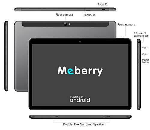 Tableta 10 Pulgadas MEBERRY Cellular y WiFi 4GB RAM+64GB ROM (128GB Expandible) Android Pie, 1280 * 800 IPS| Dual SIM| 8000mAh| Cámara Doble (5MP+8MP)| Certificación Google GMS| Bluetooth| GPS, Gris