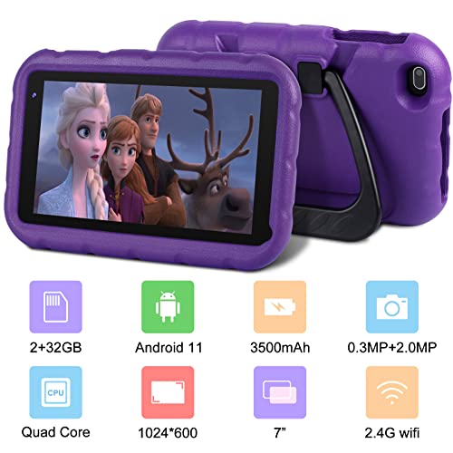 Tableta para Niños 7 Pulgadas Oangcc Android 11 Go HD Tablets Infantil Certificado por Google GMS,2GB+32GB ROM(TF 128G),Quad Core/WiFi/Control Parental/Kid-Proof Funda Tablet/Niños Educativo-(Morado)