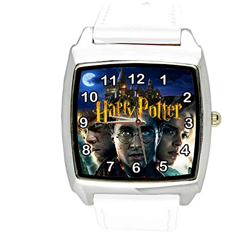 TAPORT® Harry Potter Cuarzo Cuadrado Reloj Blanco Correa Cuero E2 + Batería de Repuesto + Bolsa de Regalo