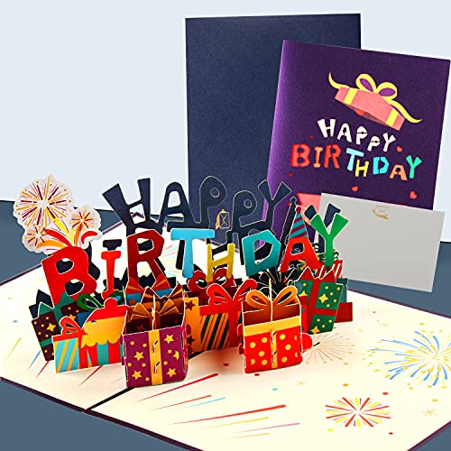Tarjeta de Cumpleaños 3D, Tarjetas de Felicitación Cumpleaños, Happy Birthday Caja de Regalo Tarjeta de Felicitación Emergente con Sobre, Tarjeta de Cumpleaños para Familiares, Amigos, Amantes