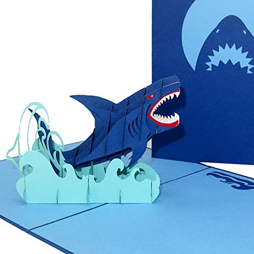 Tarjeta de cumpleaños en 3D con diseño de tiburón con texto "Shark Attack", gran tarjeta pop-up con sobre como tarjeta de felicitación, invitación, decoración, idea de regalo