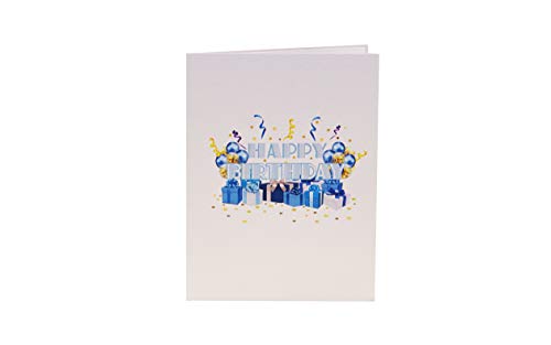Tarjeta de cumpleaños Happy Birthday en azul | Tarjeta pop up de cumpleaños, globos 3D, regalos | Tarjeta de felicitación o cupón para cumpleaños, G24.2