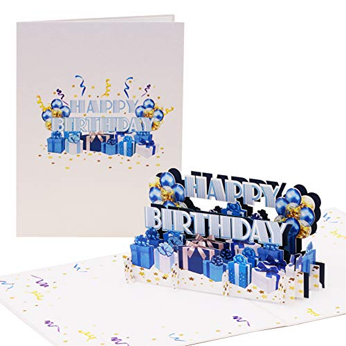 Tarjeta de cumpleaños Happy Birthday en azul | Tarjeta pop up de cumpleaños, globos 3D, regalos | Tarjeta de felicitación o cupón para cumpleaños, G24.2