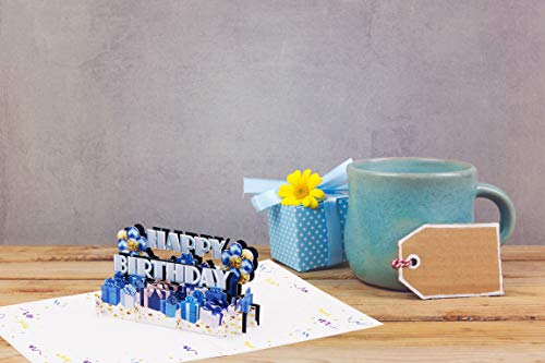 Tarjeta de cumpleaños Happy Birthday en azul | Tarjeta pop up de cumpleaños, globos 3D, regalos | Tarjeta de felicitación o cupón para cumpleaños, G24.2