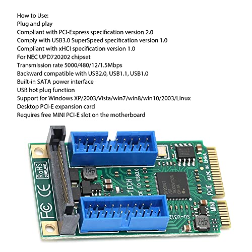 Tarjeta De Expansión PCI-E A USB 3.0, Adaptador De Controlador De Concentrador Mini PCI-E USB 3.0 De 1,5 Mbps Interfaz De Alimentación SATA Incorporada para Windows XP / 2003 /(Doble 19PIN (10313))