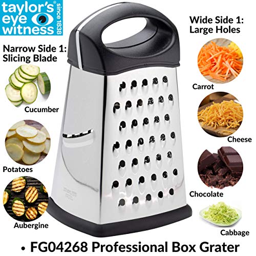 Taylors Eye Witness Rallador profesional de 4 caras – 21 cm, trituradora de acero inoxidable, cortador y ralladora para parmesano, queso, verduras, cítricos, ajo, coco y jengibre.