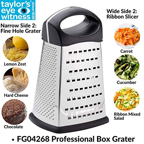 Taylors Eye Witness Rallador profesional de 4 caras – 21 cm, trituradora de acero inoxidable, cortador y ralladora para parmesano, queso, verduras, cítricos, ajo, coco y jengibre.