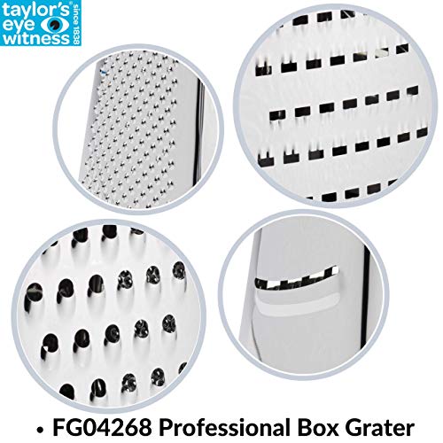 Taylors Eye Witness Rallador profesional de 4 caras – 21 cm, trituradora de acero inoxidable, cortador y ralladora para parmesano, queso, verduras, cítricos, ajo, coco y jengibre.