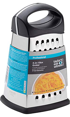 Taylors Eye Witness Rallador profesional de 4 caras – 21 cm, trituradora de acero inoxidable, cortador y ralladora para parmesano, queso, verduras, cítricos, ajo, coco y jengibre.