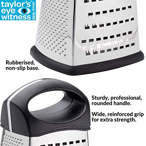 Taylors Eye Witness Rallador profesional de 4 caras – 21 cm, trituradora de acero inoxidable, cortador y ralladora para parmesano, queso, verduras, cítricos, ajo, coco y jengibre.