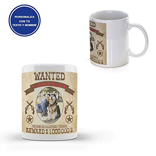 Taza PERSONALIZADA con Nombre y Foto WANTED · Tazas de Ceramica Divertidas a Todo Color (360º alrededor de la Taza) de 350 ml · Perfecta para Regalar a Amigos · Resistente a Lavavajillas y Microondas
