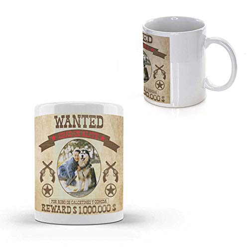Taza PERSONALIZADA con Nombre y Foto WANTED · Tazas de Ceramica Divertidas a Todo Color (360º alrededor de la Taza) de 350 ml · Perfecta para Regalar a Amigos · Resistente a Lavavajillas y Microondas