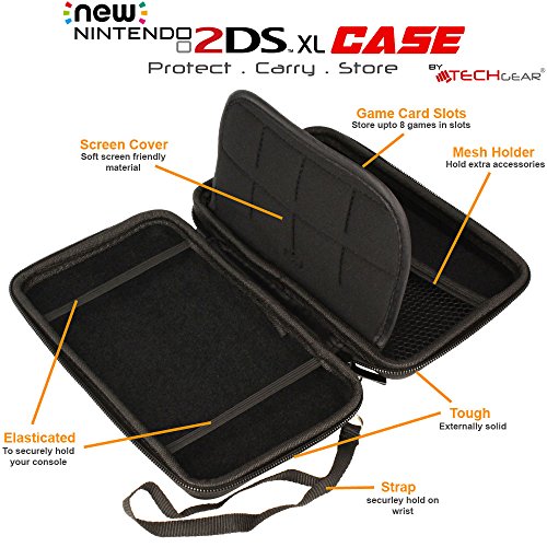 TECHGEAR Carcasa Compatible con Nintendo 2DS XL - Funda Dura Protectora de Viaje y Llevar para 2DS XL + Tarjetas de Juego + Accesorios [BLU]
