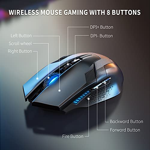 TECKNET Ratón Gaming Inalámbrico 2.4G Ratón Óptico Gaming Mouse Profesional para Gaming, Ratón con Receptor, 8 Botones, 4800DPI, 5 dpi Ajustables con LED