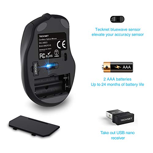 TECKNET Ratón Inalámbrico Portatil, 2.4G Mouse Inalámbrico Pro Óptico 5 Niveles 2600 dpi,6 Botones, 24 Meses Duración de Batería con Nano Receptor para Laptop,PC,Ordenador,Chromebook,Notebook