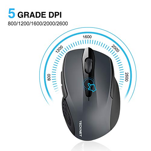 TECKNET Ratón Inalámbrico Portatil, 2.4G Mouse Inalámbrico Pro Óptico 5 Niveles 2600 dpi,6 Botones, 24 Meses Duración de Batería con Nano Receptor para Laptop,PC,Ordenador,Chromebook,Notebook