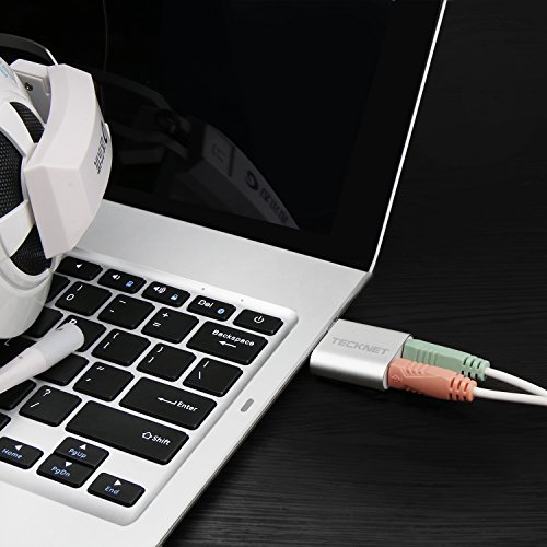 TECKNET Tarjeta de Sonido USB, Tarjeta de Sonido Externa Audio y Microfono 3.5mm para su Ordenador o Laptop Conecta Altavoces estéreo, Auriculares y micrófono (Silver)