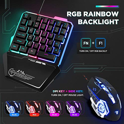 Teclado y ratón para Juegos RGB con una Sola Mano Combinación de 35 Teclas Rainbow LED Retroiluminación Diseño ergonómico Teclado portátil para Juegos con una Sola Mano