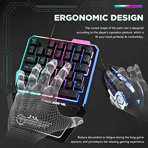 Teclado y ratón para Juegos RGB con una Sola Mano Combinación de 35 Teclas Rainbow LED Retroiluminación Diseño ergonómico Teclado portátil para Juegos con una Sola Mano