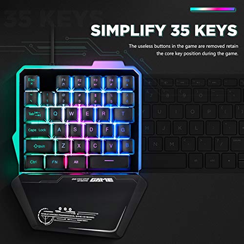 Teclado y ratón para Juegos RGB con una Sola Mano Combinación de 35 Teclas Rainbow LED Retroiluminación Diseño ergonómico Teclado portátil para Juegos con una Sola Mano