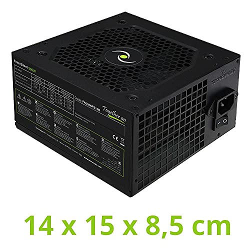 Tecnoware ATX 500W - Fuente de alimentación para PC - Ventilador silencioso de 12 cm - Conectores 2 x SATA, 1 x 24 Polos, 1 x 12 V 4 + 4 Polos, 2 x Molex, 1 x Floppy