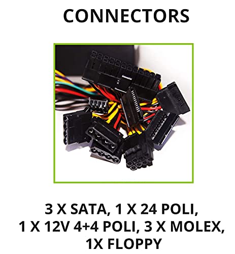 Tecnoware ATX 650W - Fuente de alimentación para PC - Ventilador silencioso de 12 cm - Conectores 3 x SATA, 1 x 24 Polos, 1 x 12 V 4 + 4 Polos, 3 x Molex, 1 x Floppy