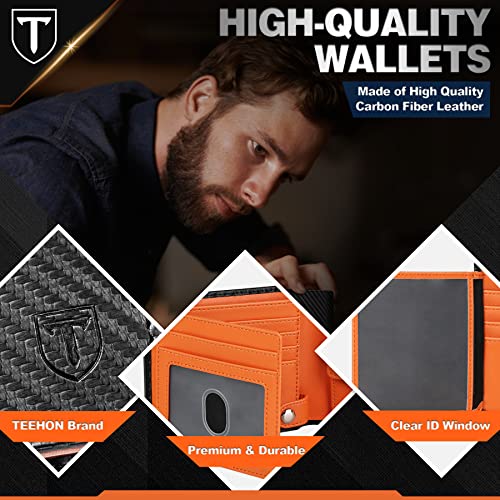 TEEHON Cartera Hombre, Billetera Hombre de Cuero de Fibra de Carbono con RIFD Bloqueo, 9 Ranuras para Tarjetas, 2 Ranuras para Billetes, 1 Bolsillo para Monedas, Regalo para Hombres - Naranja Negro